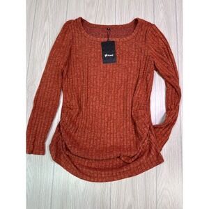 Ficerd Maternity Top Rust Orange Ribbed Long Sleeve Ruched Scoop Neck Medium NWT